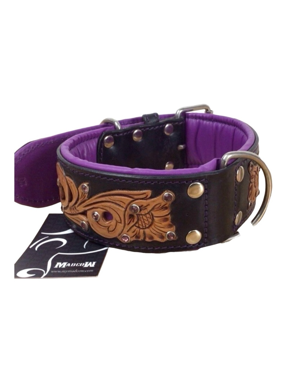 Mad Cow genuine leather contemporary western dog collar handmade brown purple